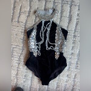 Gorgeous Bejeweled Black and Silver Bodysuit for Dance, Party, or Costume